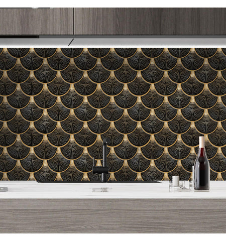 Black Fishscale Peel and Stick Wall Tile | Kitchen Backsplash Tiles | Self Adhesive Tiles For Home Decor