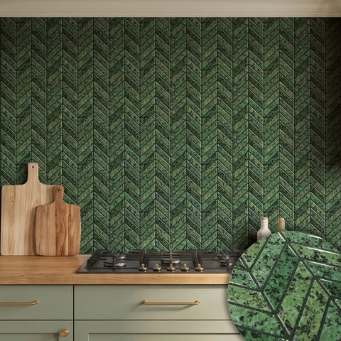 Forest Green 3D Chevron Peel and Stick Backsplash Tile | Self-Adhesive