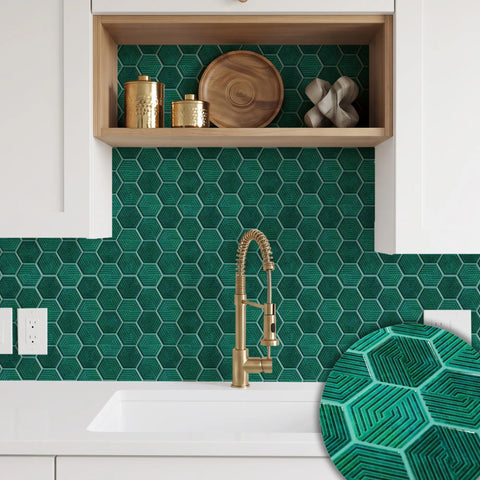 Teal Green 3D Spiral Honeycomb Peel and Stick Backsplash Tile | Self-Adhesive