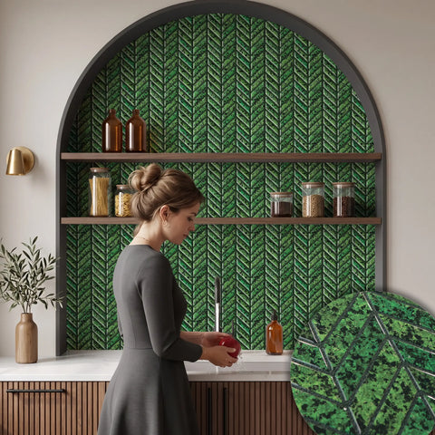 Moss Green 3D Chevron Peel and Stick Backsplash Tile | Self-Adhesive