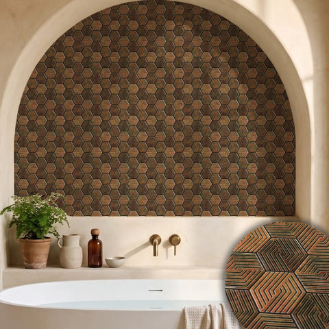 Copper Brown 3D Spiral Honeycomb Peel and Stick Backsplash Tile | Self-Adhesive