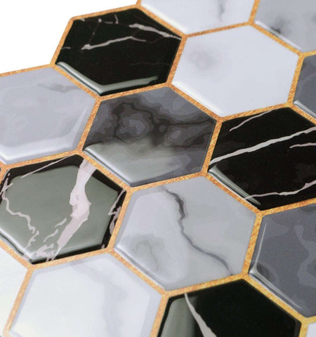 Marble Peel and Stick Hexagonal tiles with golden grout