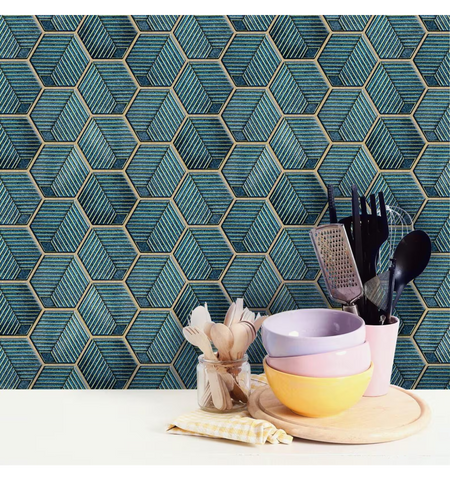 3D Peel and Stick Vinyl Blue Honeycomb Kitchen Tiles