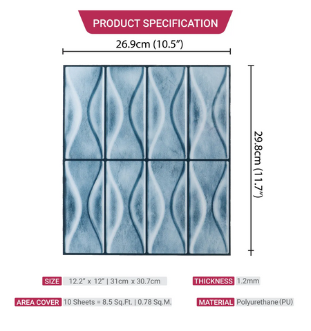 Blue 5 Sheets 3D Peel and Stick Kitchen Backsplash Tile