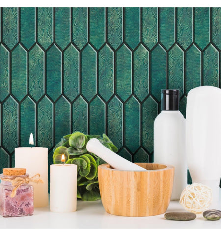 Emerald Green Long Hexagon Peel and Stick Wall Tile | Kitchen Backsplash Tiles | Self Adhesive Tiles For Home Decor