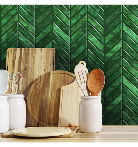 Textured Emerald Green Chevron Peel And Stick Wall Tile | Kitchen Backsplash Tiles | Self Adhesive Tiles For Home