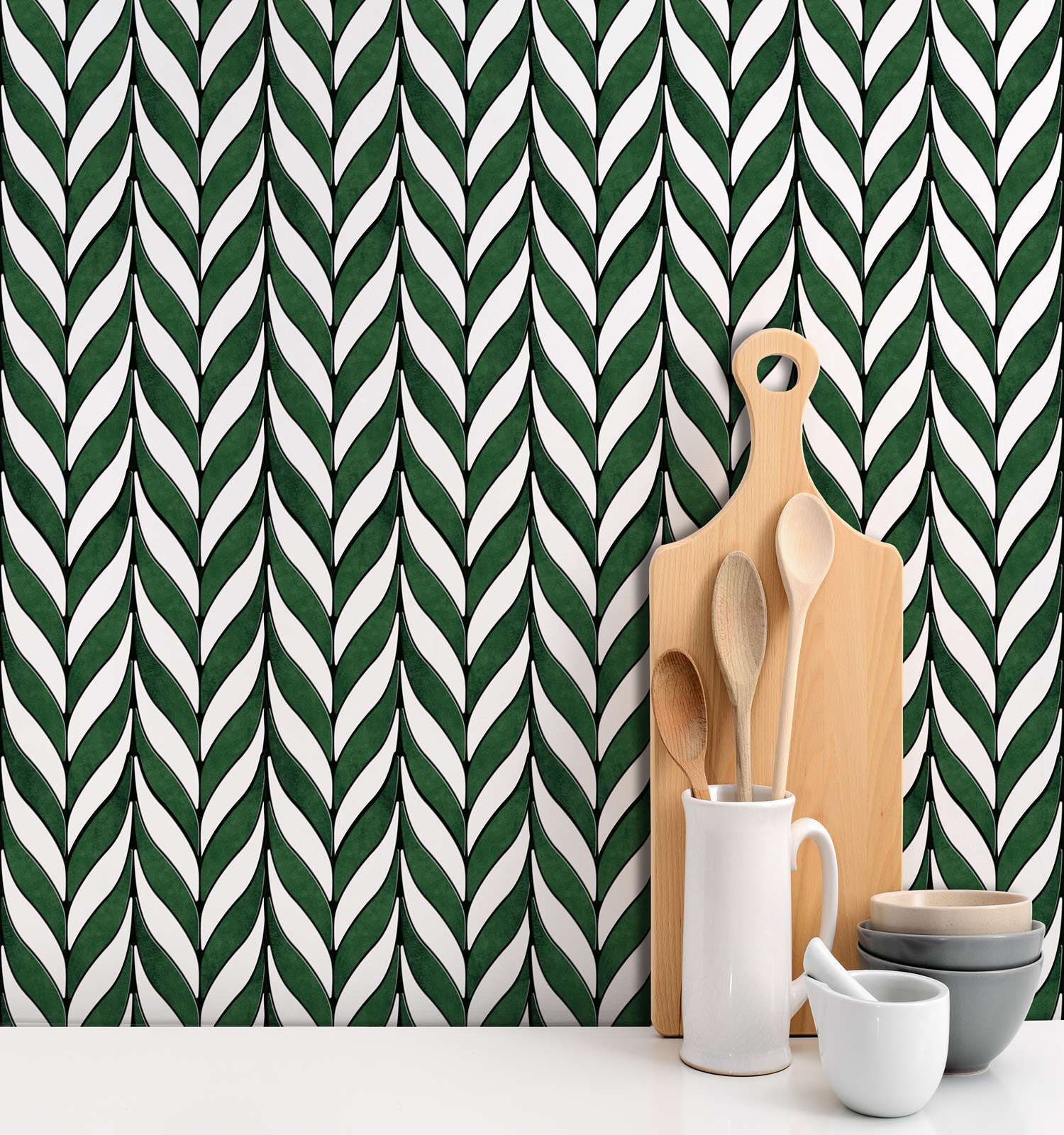 White and Green Chevron Peel and Stick Wall Tile | Kitchen Backsplash Tiles