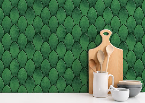 Mosaicowall Green Long Fish Scale Peel and Stick Wall Tile | Kitchen Backsplash Tiles