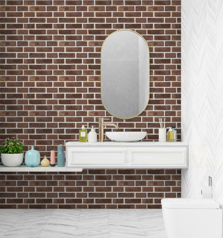 Peel and Stick 3D Tiles Red Bricks with White Grout - Mosaicowall Mosaicowall Red Bricks with White Grout