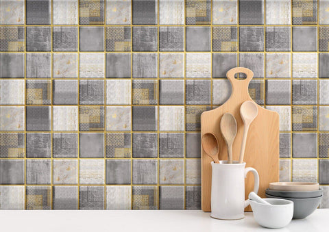 Peel and Stick 3D Tiles Grunge Square with Yellow Grout - Mosaicowall Mosaicowall Grunge Square with Yellow Grout